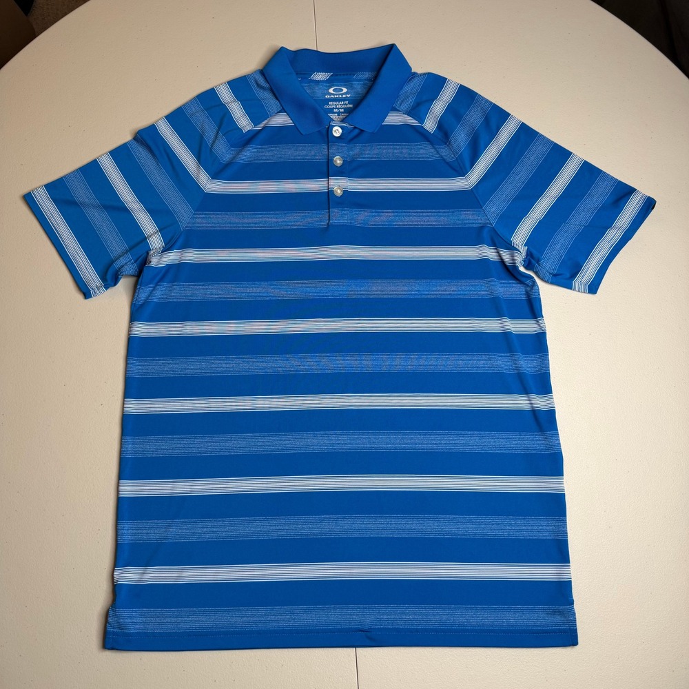 Oakley Mens Medium O Hydrolix Blue White Striped Golf Polo Shirt Regular Fit